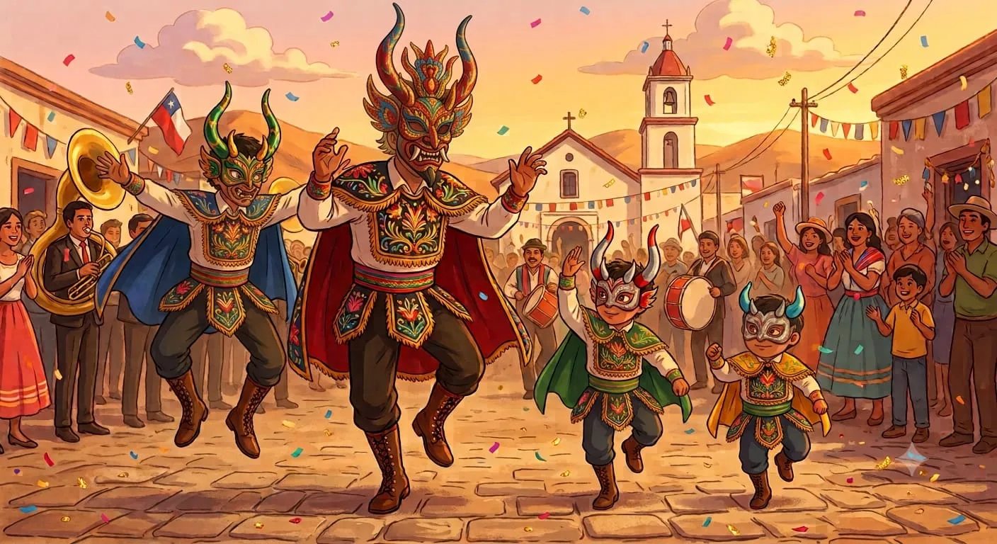 Sergio bailando la Diablada en La Tirana junto a sus tres hijos